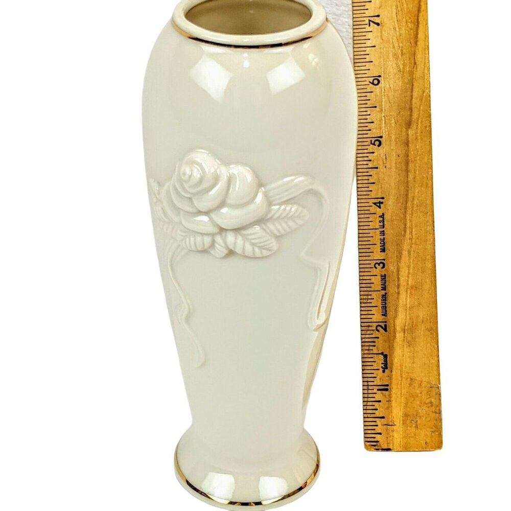 Lenox Porcelain 24K Gold Trim White Rose Embossed Vase 7" Handcrafted In Malaysi